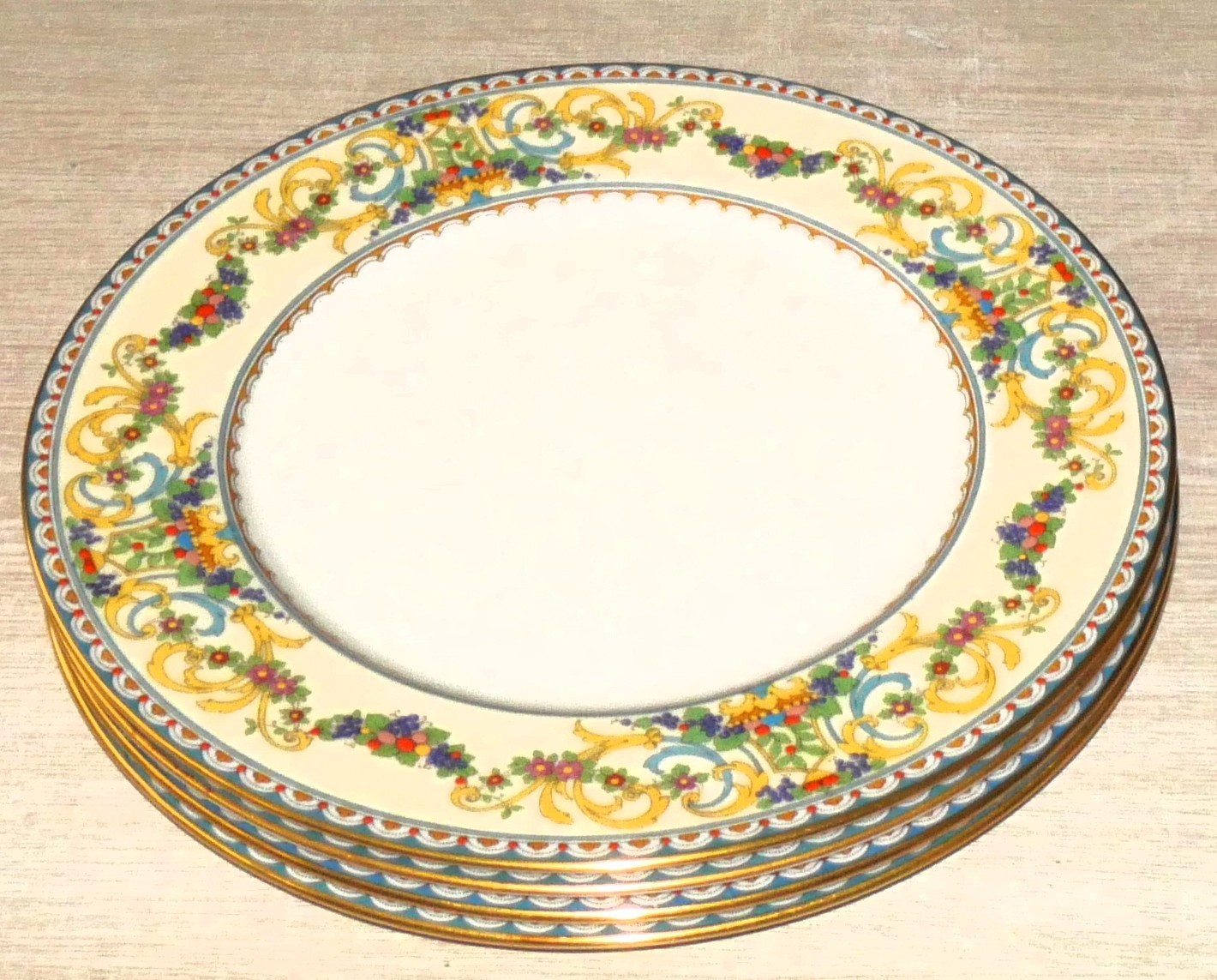 LENOX Renaissance Dinner Plate Set Four (4) Enameled Fruit & Scrolls Gold Trim