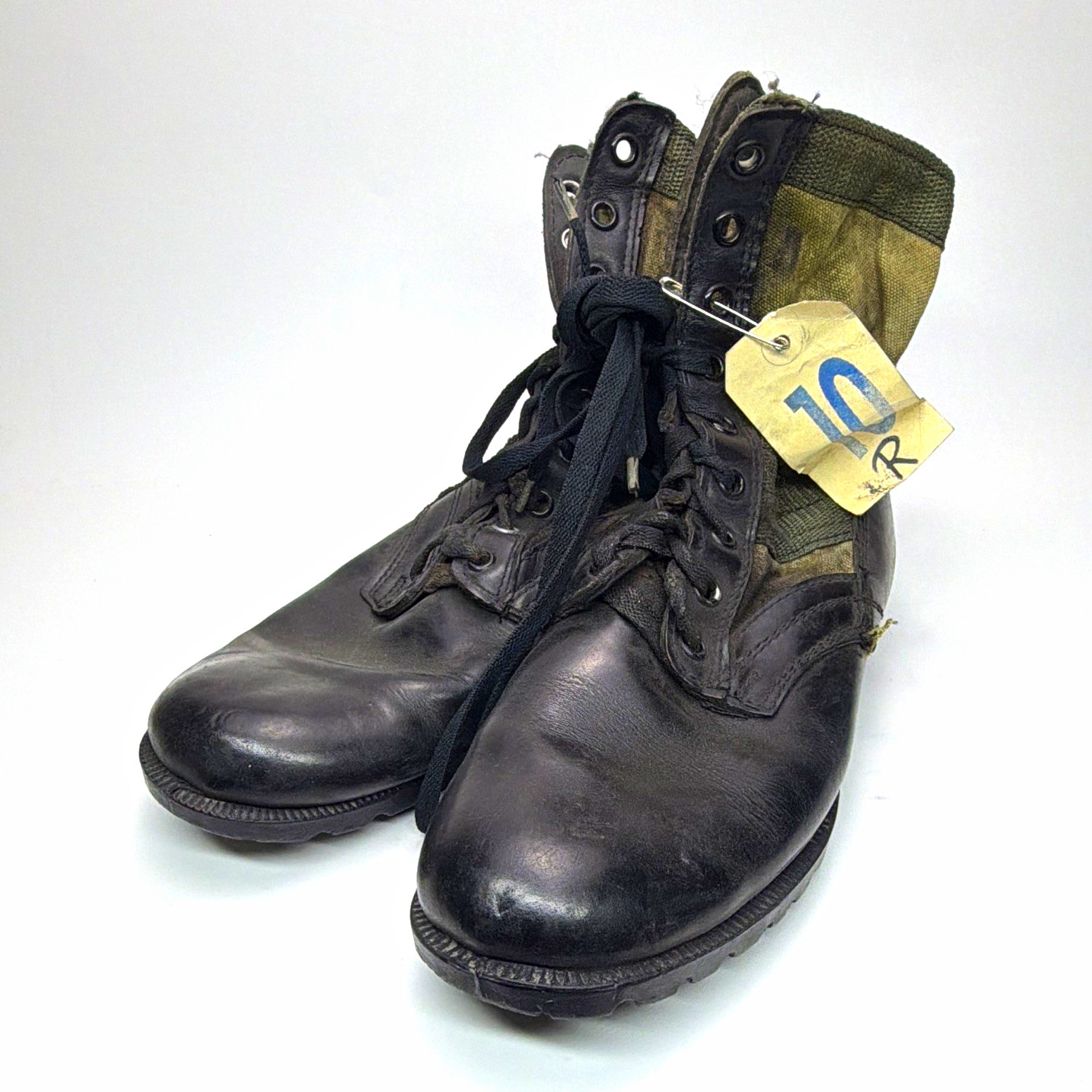 Military Surplus Lace-Up Combat Boots Black Leather Green Canvas Collar Vietnam 