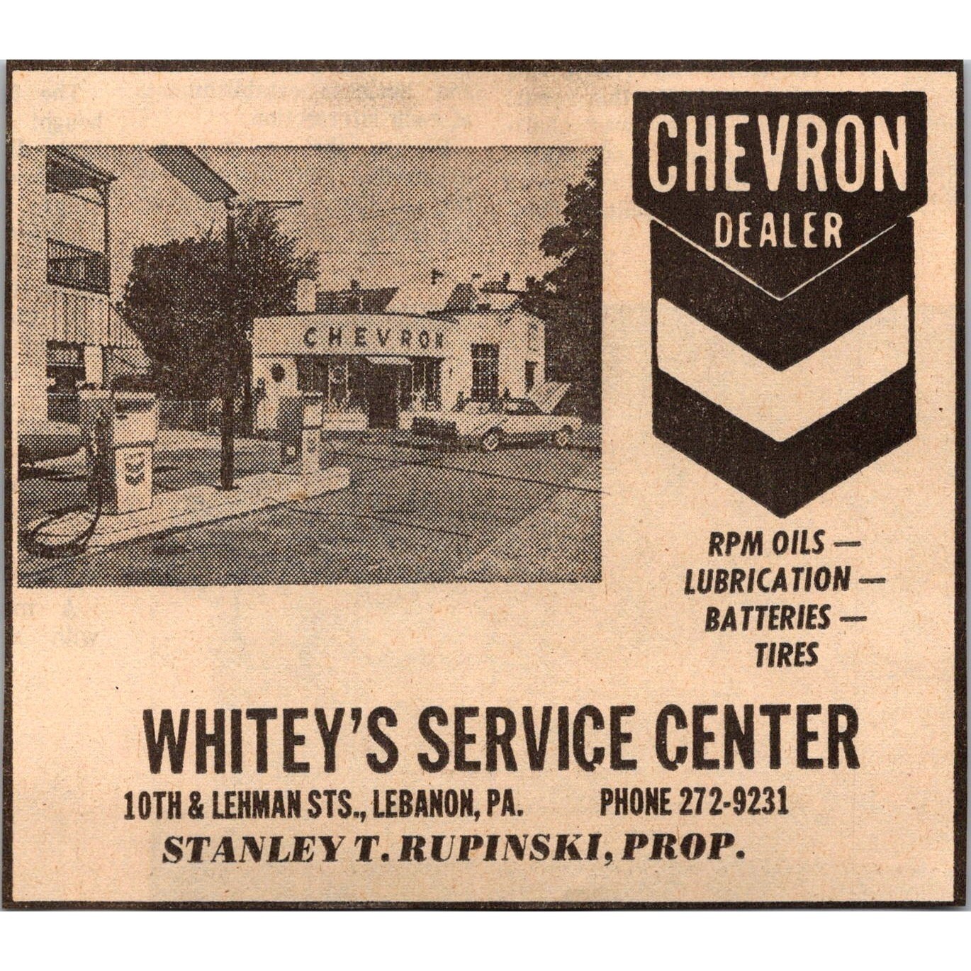 Whitey\'s Service Center Chevron Dealer RPM Oils 1972 Lebanon PA Clipping SAH4-8