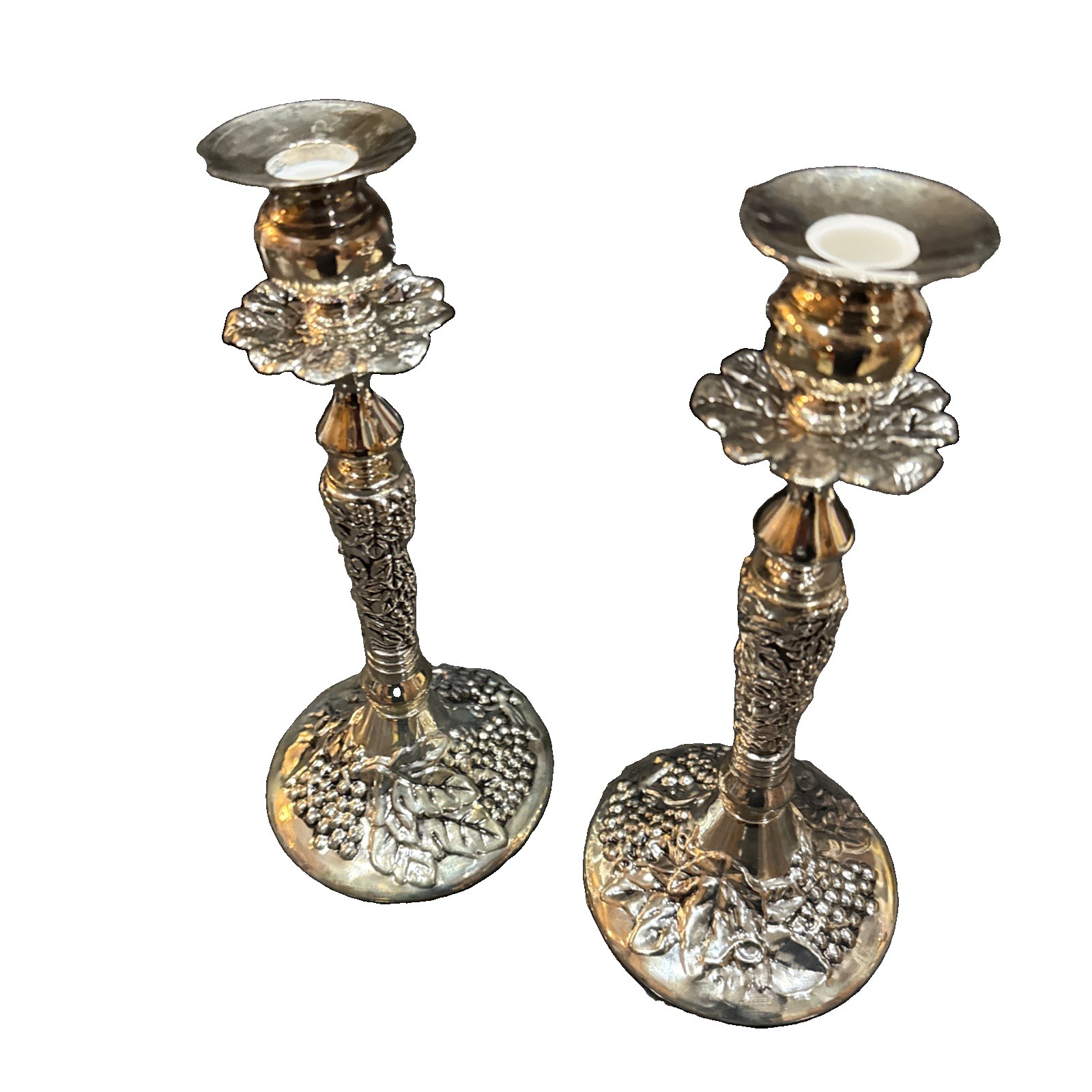 Vintage Silverplate Grapevine Candlesticks Pair Ornate Grape Leaf Candle Holders