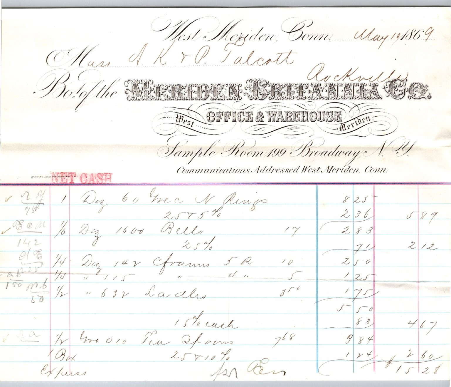 1869 Meriden Britannia Co. Billhead West Meriden, CT - Great Typography 1869 Meriden Britannia Co. Billhead West Meriden, CT - Great Typography