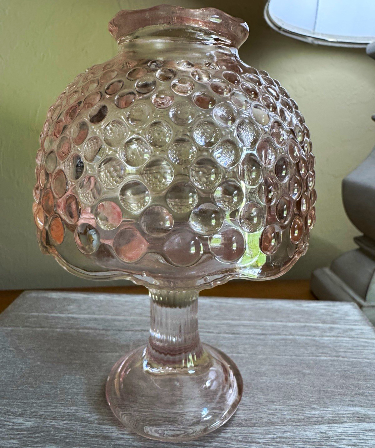 Vintage Pink Clear Hobnail Bubble Glass Pedestal Fairy Lamp