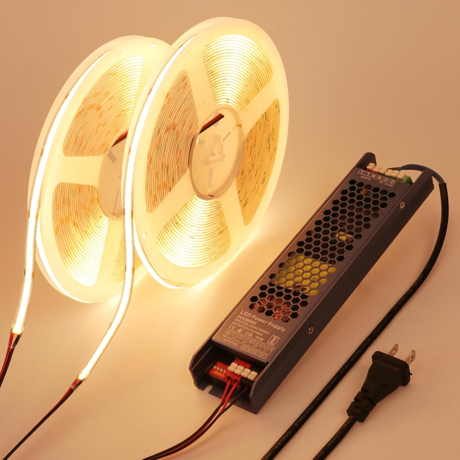 24V COB LED Strip Lights 65.6Ft CRI 93 Cuttable with Power Supply