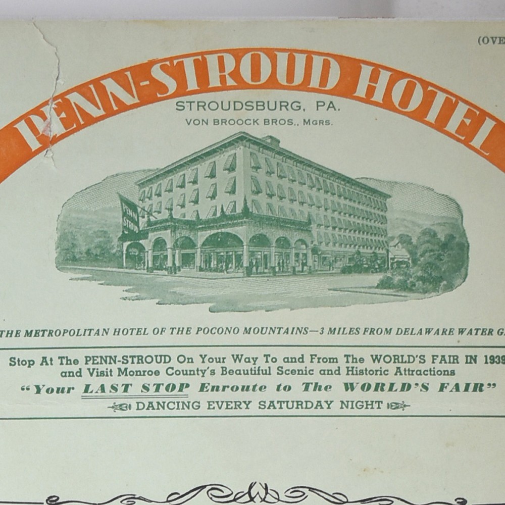 1939 Penn-Stroud Hotel Restaurant Menu Stroudsburg Pennsylvania NY World's Fair