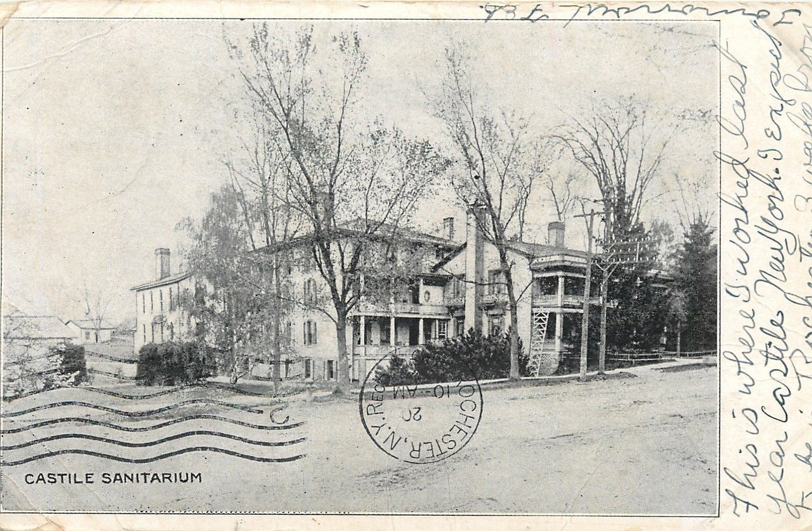 Castile New York~Greene Sanitarium~Houses Behind~1909 B&W Postcard