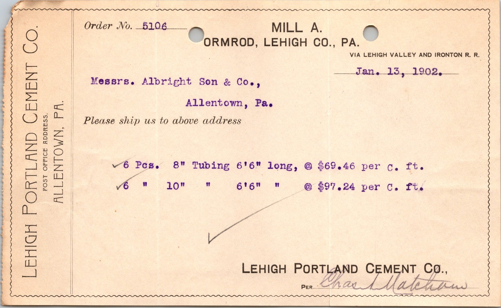 Lehigh Portland Cement Co Allentown PA 1902 Billhead Ormrod Mill