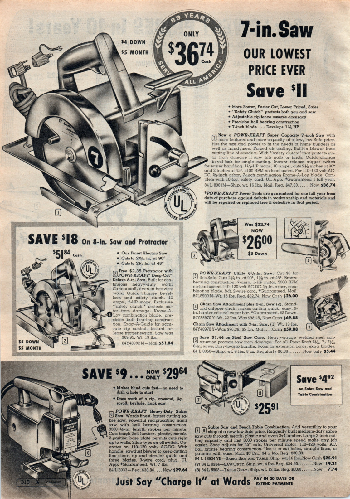 1961 Powr-Kraft 7in Wood Electric Saw Wards Vtg Print Advertisement