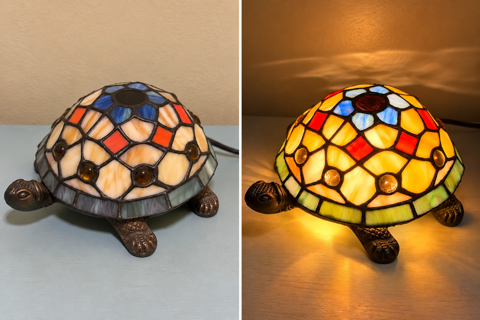 Quoizel Tiffany Style Stained Glass Turtle Lamp Night Light 2-Stage Vintage Quoizel Tiffany Style Stained Glass Turtle Lamp Night Light 2-Stage Vintage