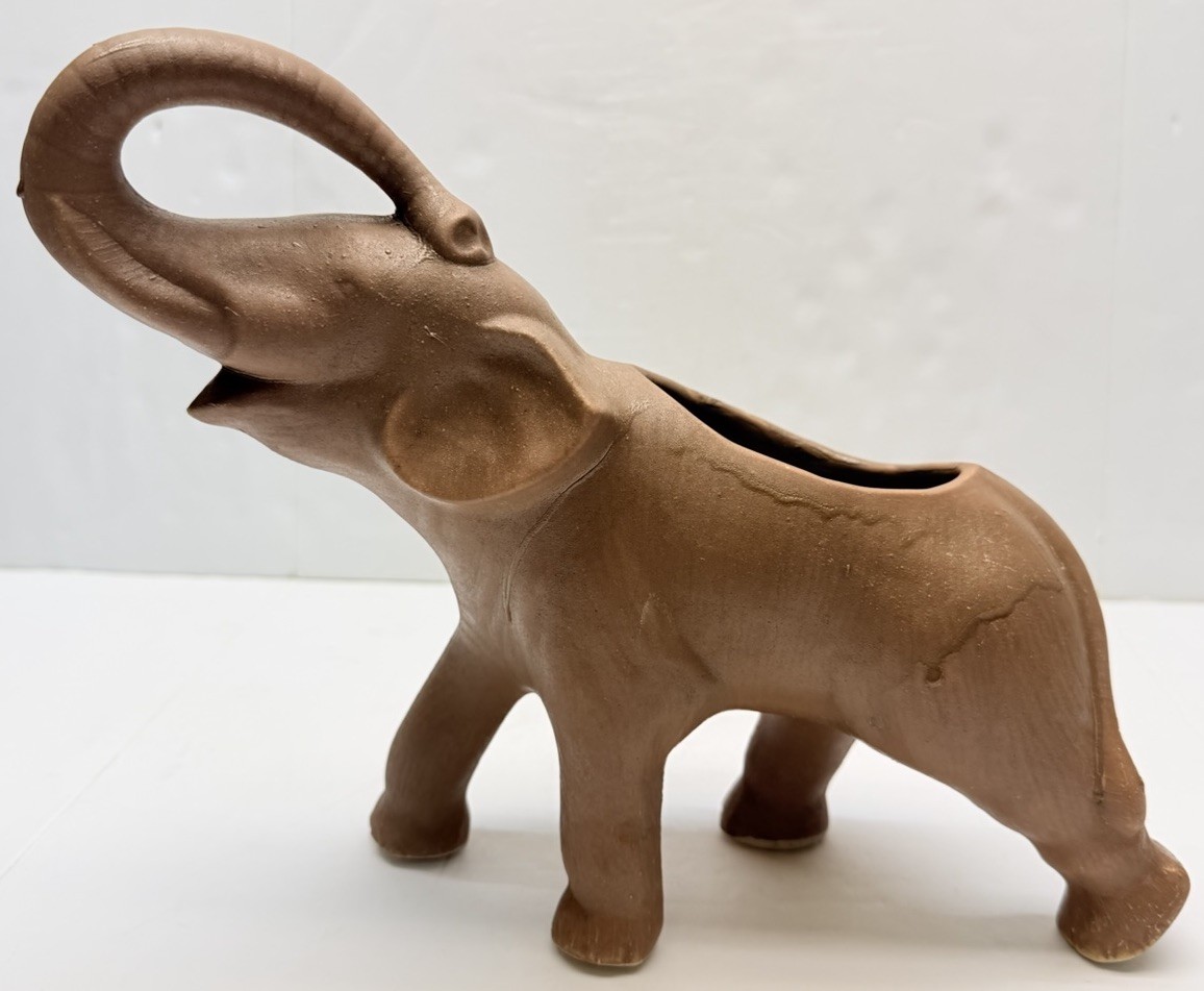 Vintage Heavy Brown Elephant Planter Trunk Up For Good Luck 