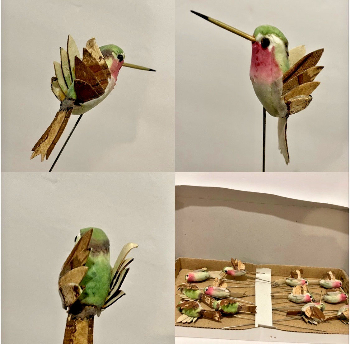 12 NOS Vintage Hummingbird Ornaments Pink Green Cream Wood Feathers w/Wire Pick 12 NOS Vintage Hummingbird Ornaments Pink Green Cream Wood Feathers w/Wire Pick