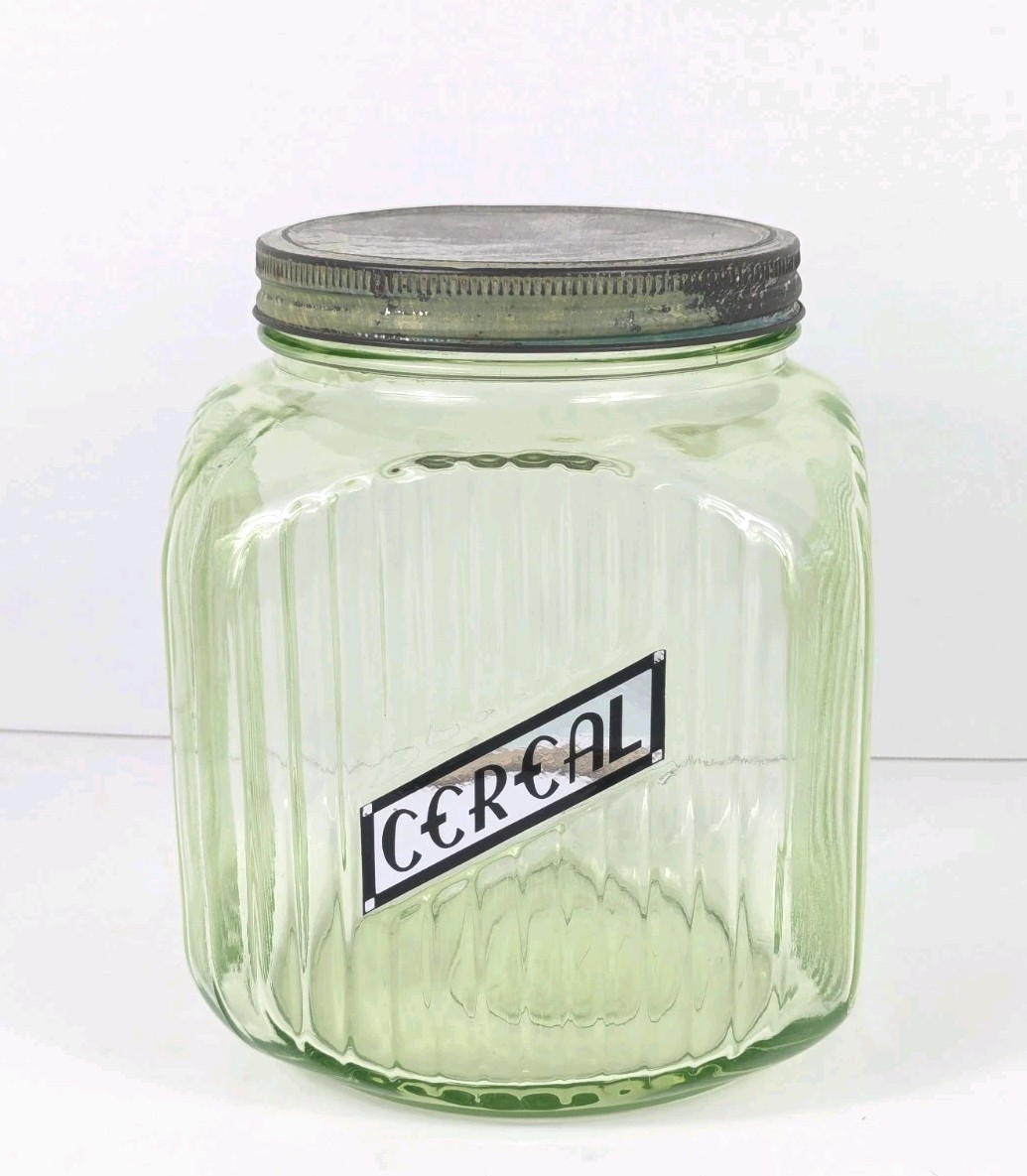 Vintage Hoosier Uranium Glass Jar Ribbed Canister with Lid 
