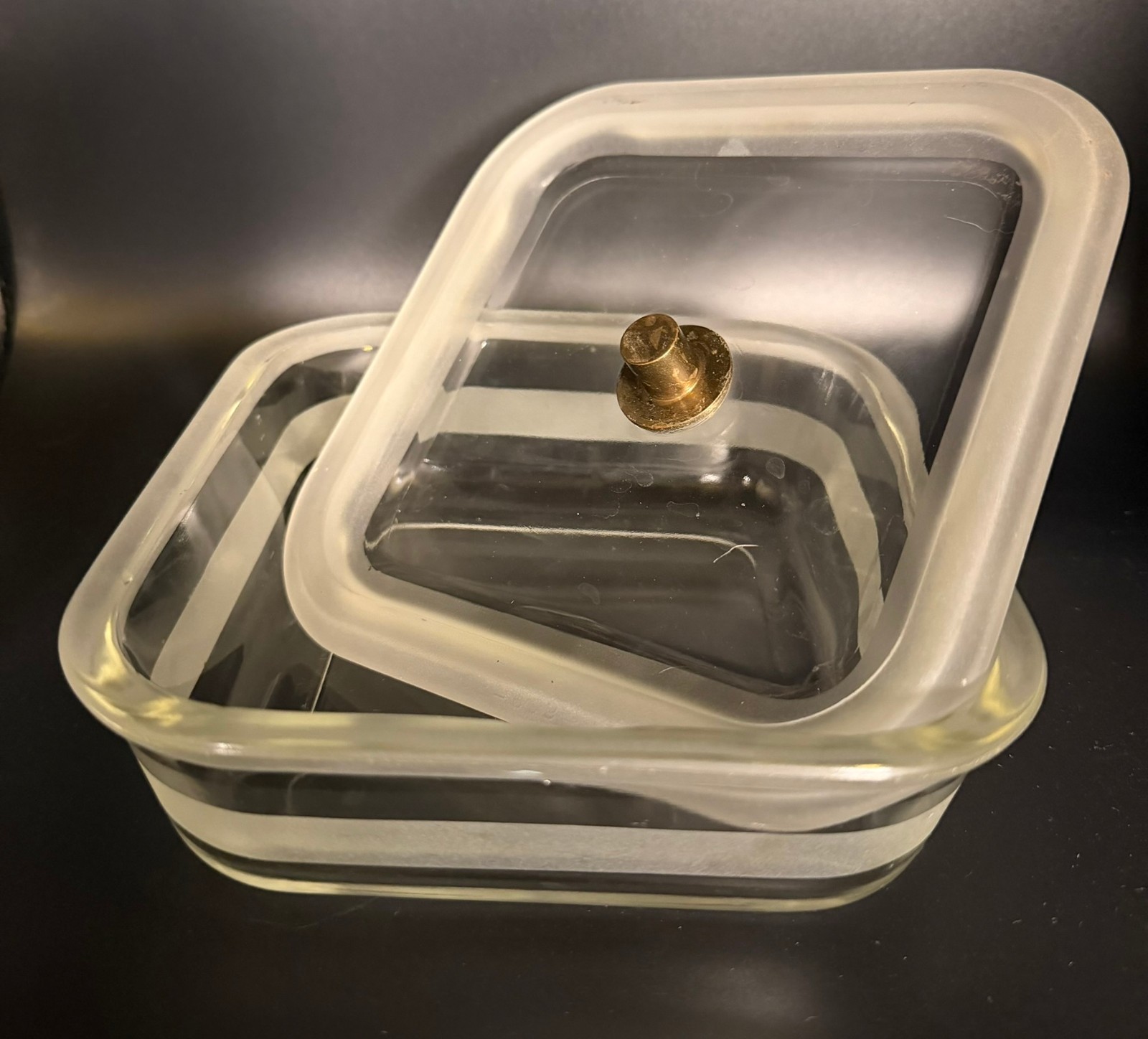 Vintage Frosted Glass Refrigerator Saver Covered Storage Dish Brass Knob Lid