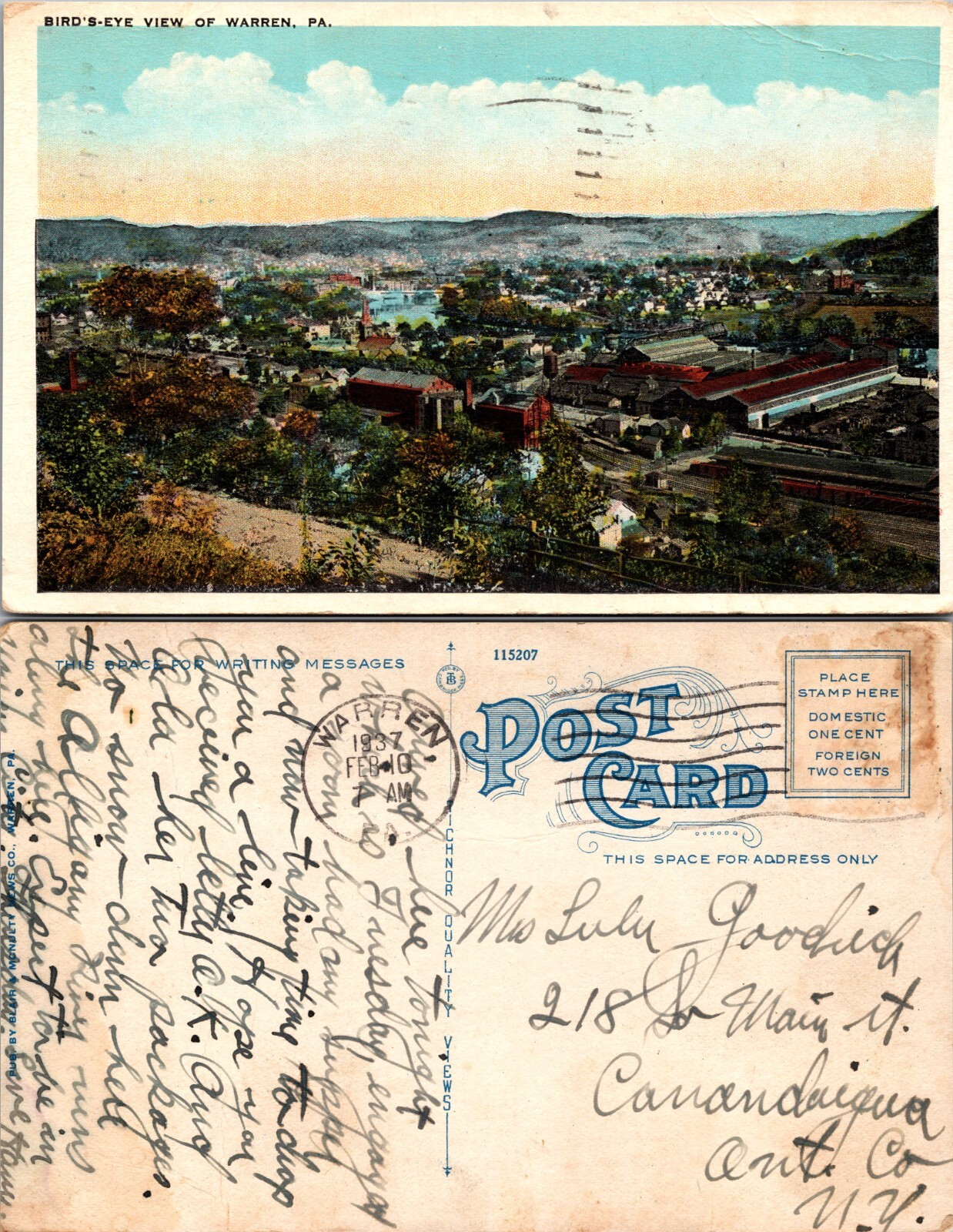 Warren Pennsylvania PA Birdseye View Postcard