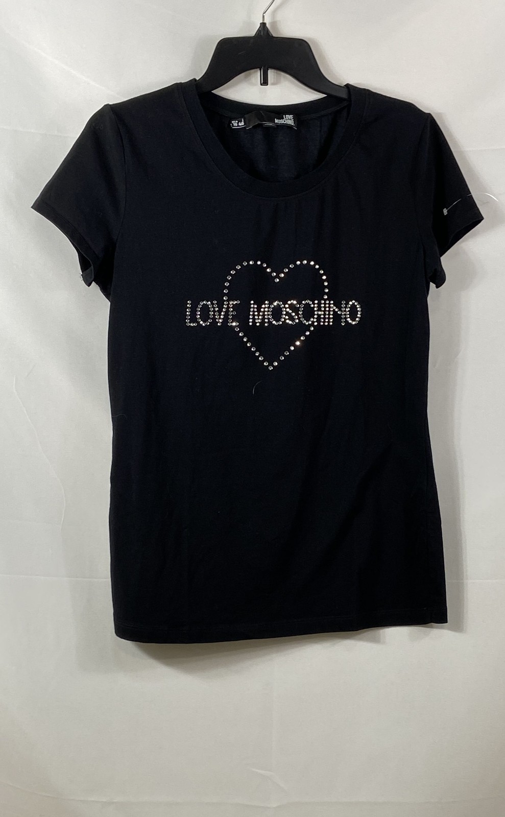 Love Moschino Women\'s Black Rhinestone Heart Logo Short Sleeve T-Shirt Sz 10