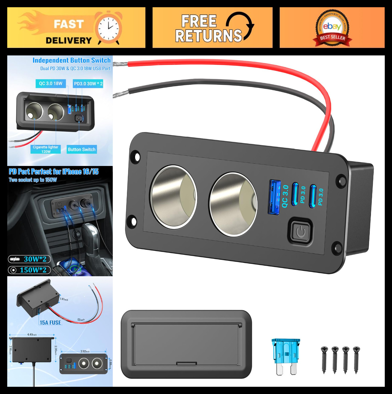 Dual Cigarette Lighter Socket 12V Splitter Panel 78W 12V USB Outlet Dual USB C P