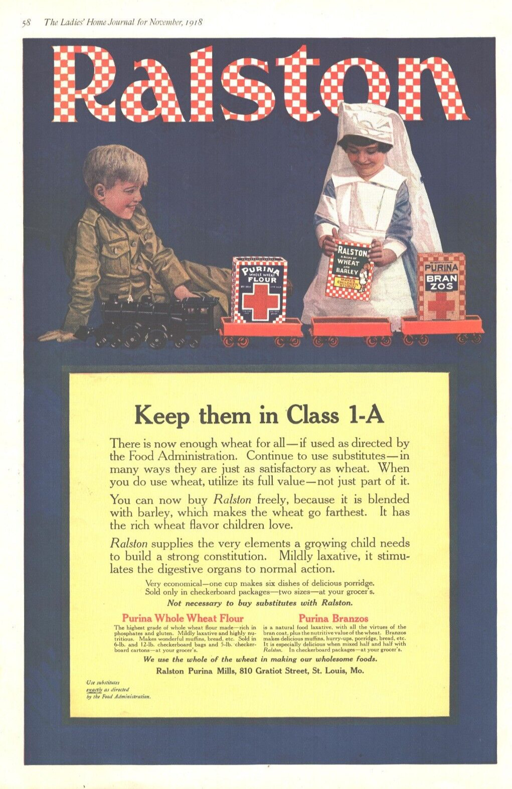 1918 Ralston Cereal Antique Print Ad WW1 Boy Girl Soldier Nurse Toy Train Ration