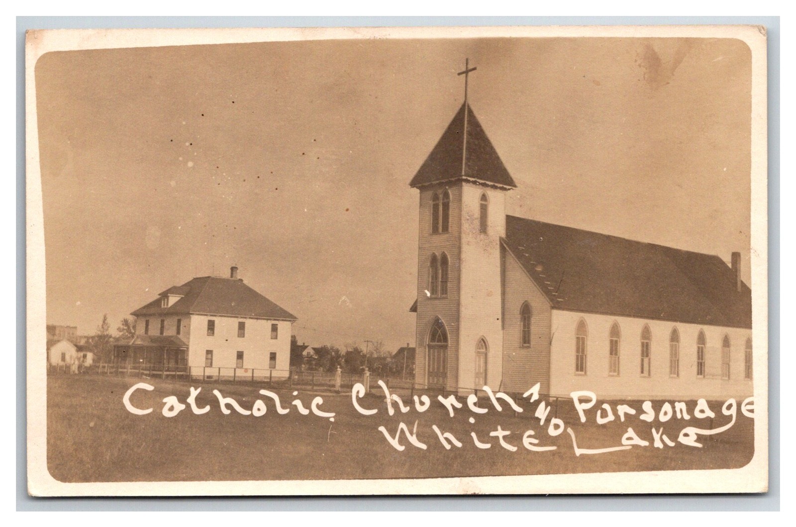 RPPC ~ White Lake SD ~ Catholic Church & Parsonage 1915c South Dakota