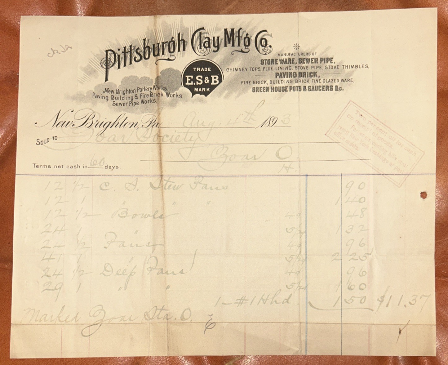 Pittsburgh Clay Manufacturing Company New Brighton PA 1893 Letterhead 