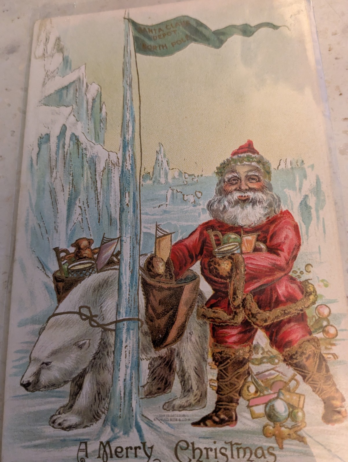 1909 EARLY RED SUIT SANTA CLAUS POSTCARD, WHITE POLAR BEAR SANTA CLAUS DEPOT 1909 EARLY RED SUIT SANTA CLAUS POSTCARD, WHITE POLAR BEAR SANTA CLAUS DEPOT