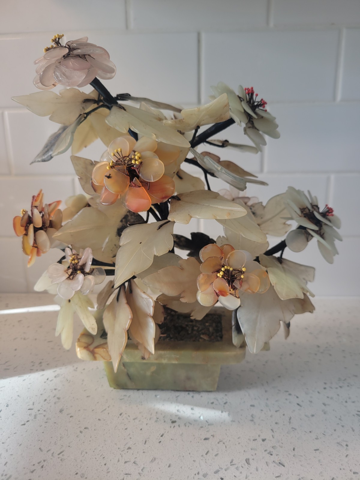 Beautiful Vintage Chinese Carved Hardstone and Jade Bonsai Tree