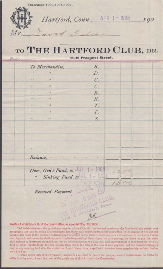The Hartford Club Member's PAID receipt 7/1 1908 Hartford CT