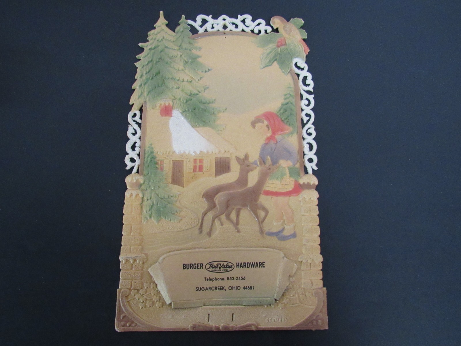 Vintage Germany Paper Pulp Calendar Topper / Ad Burger Hardware, Sugar Creek, OH Vintage Germany Paper Pulp Calendar Topper / Ad Burger Hardware, Sugar Creek, OH