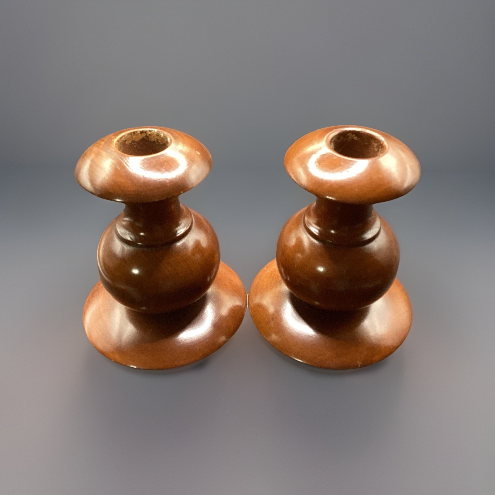 Vintage Pair Of Turned Wood Candle Holders w/ Felt Bottoms 4.25 Vintage Pair Of Turned Wood Candle Holders w/ Felt Bottoms 4.25