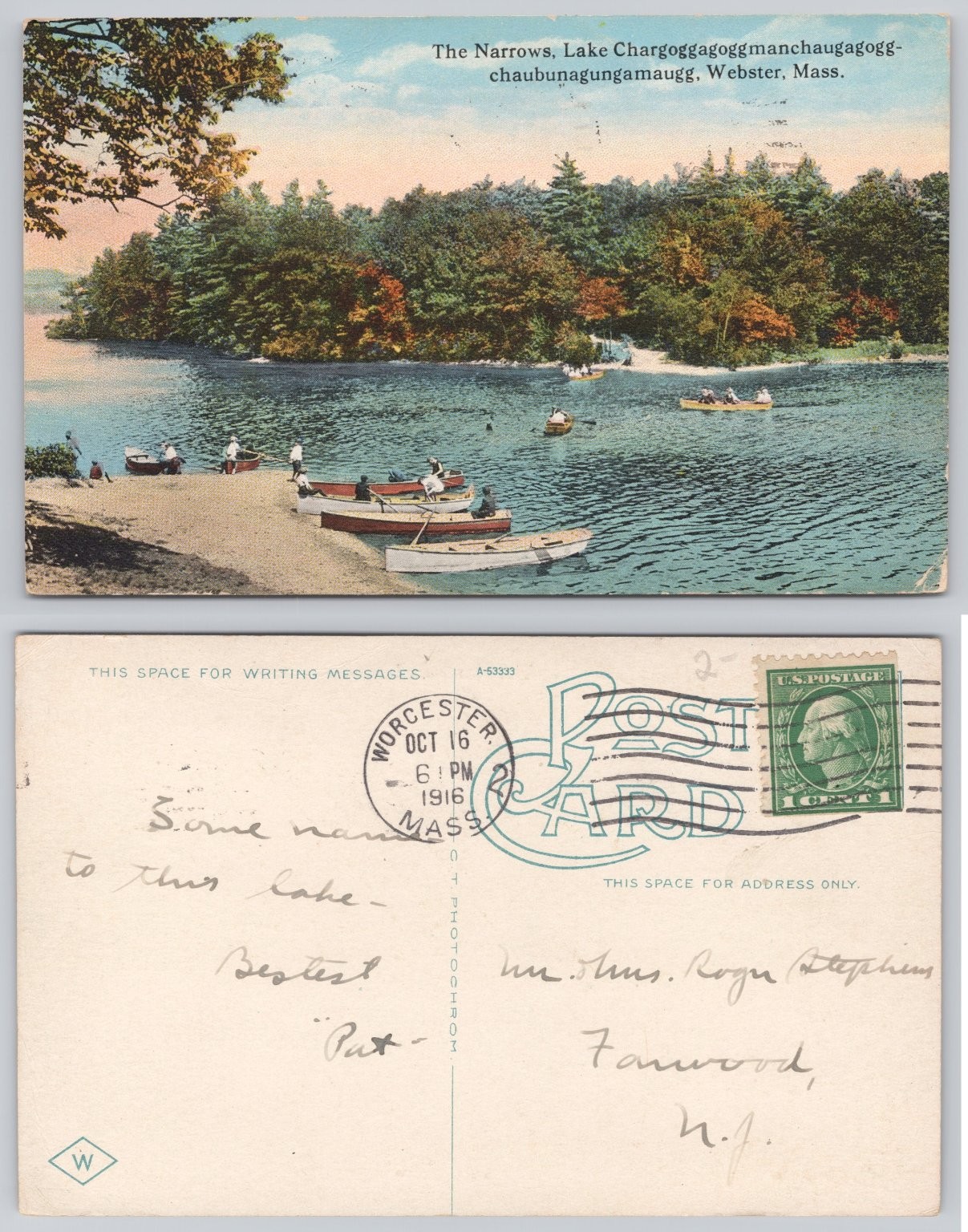 1916 The Narrows Lake Chargoggagoggmanchauggagogg Webster MA Postcard