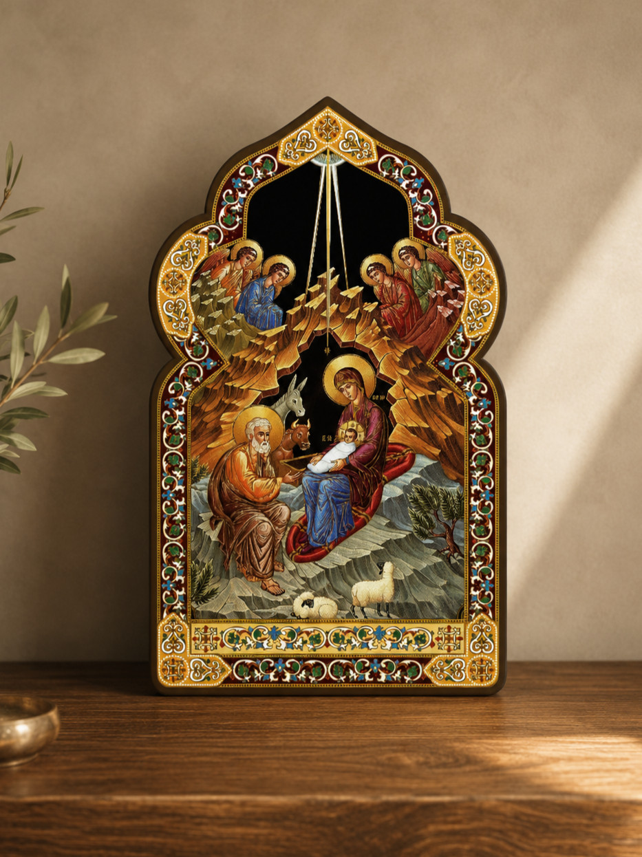 Nativity Dome Shaped Icon with Gold Foiled Details Religious Home Decor