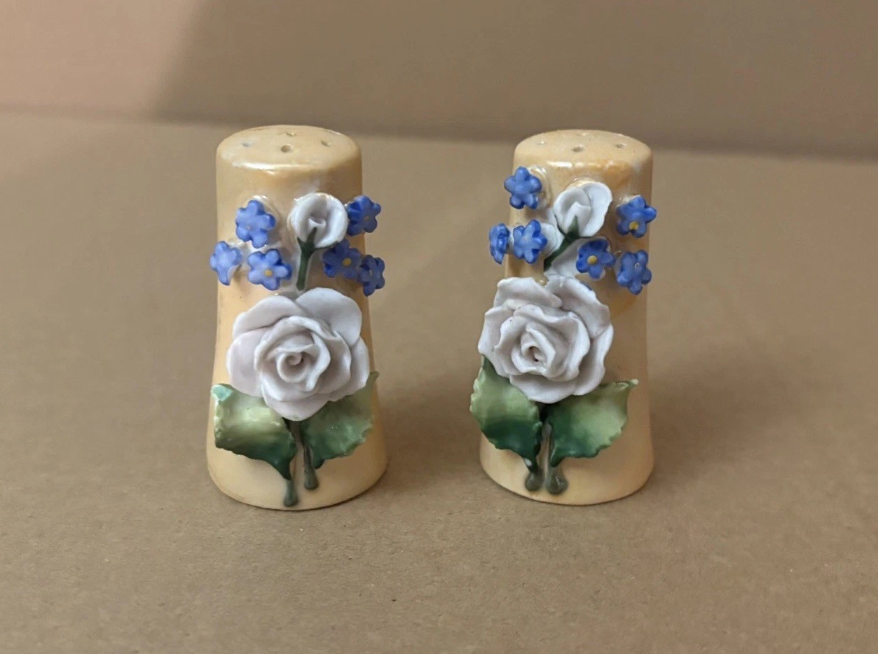 Vintage Collectible Luster Ware Made In Germany Florals Salt & Pepper Shakers 