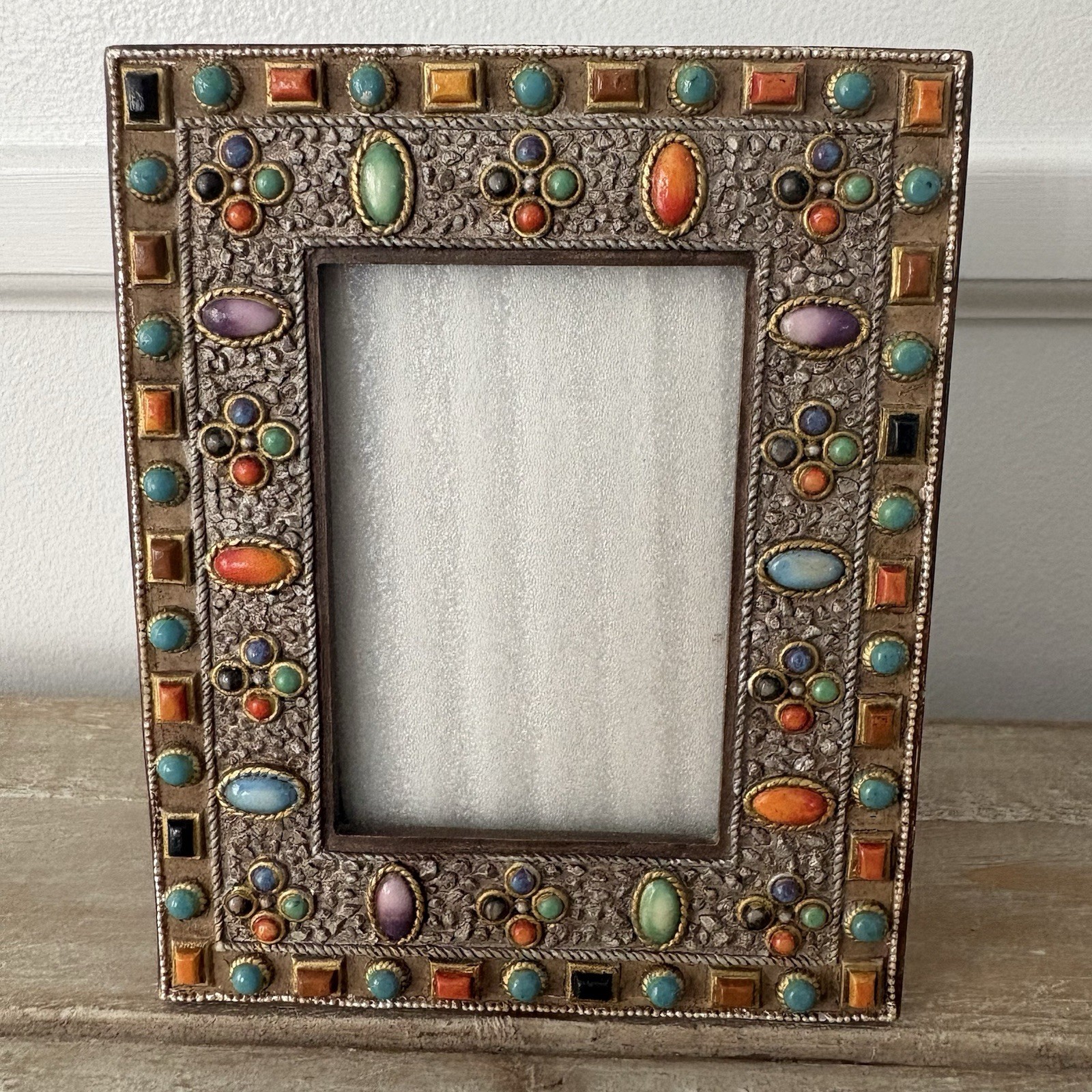 VTG RAJ COLLECTION Multi Stone Picture Frame Southwest Boho Chic Jeweled 3.5x2.5