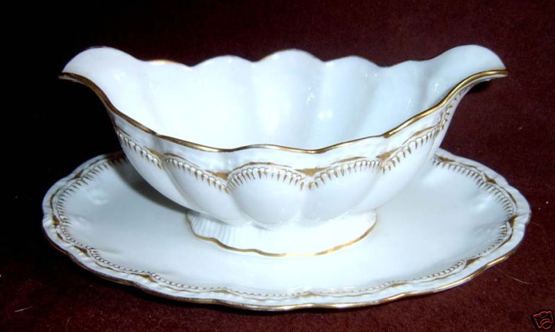 Haviland Limoges White Scalloped Gold Gravy Boat and plate underplate