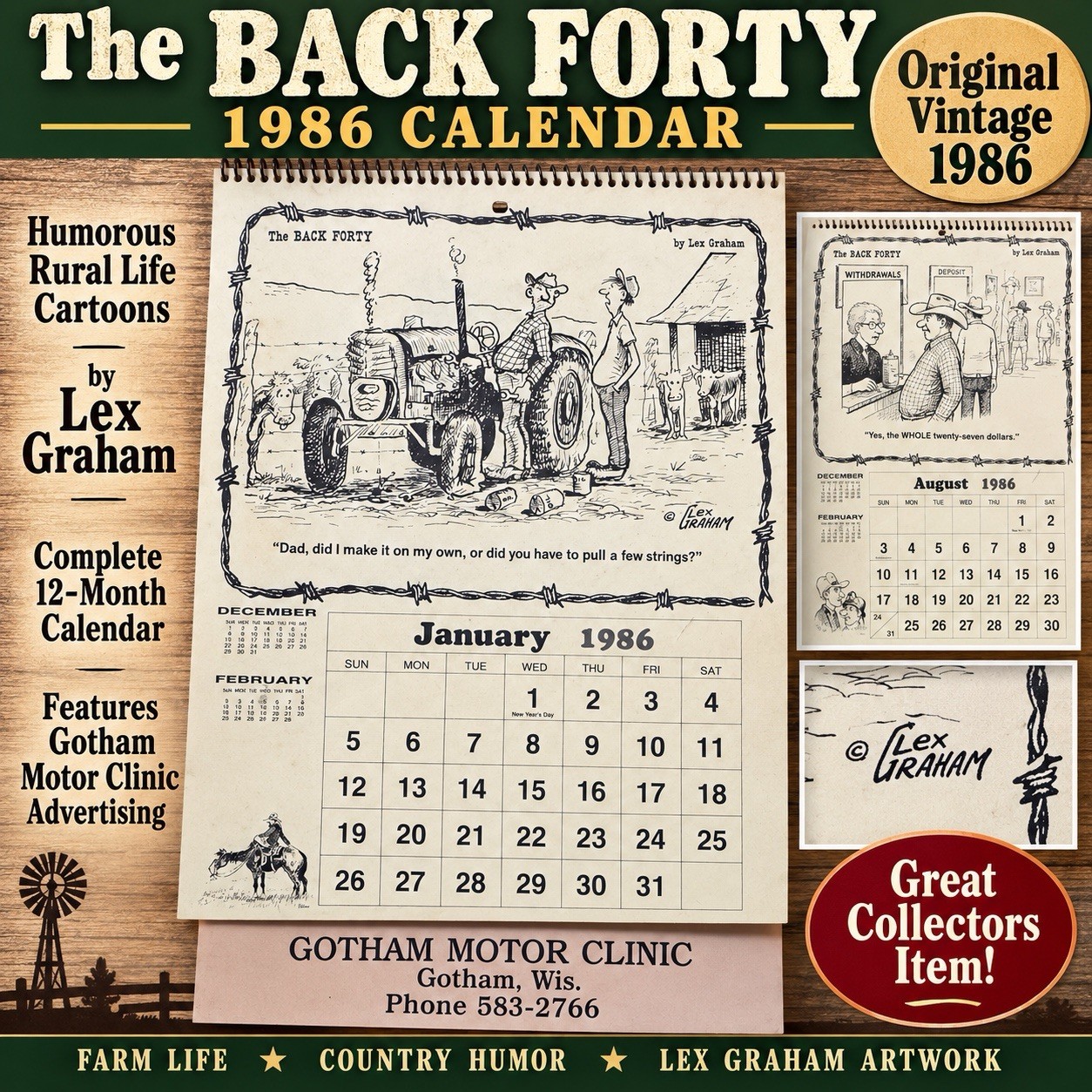 VTG 1986 The Back Forty Calendar Lex Graham Farm Humor Art Advertisement