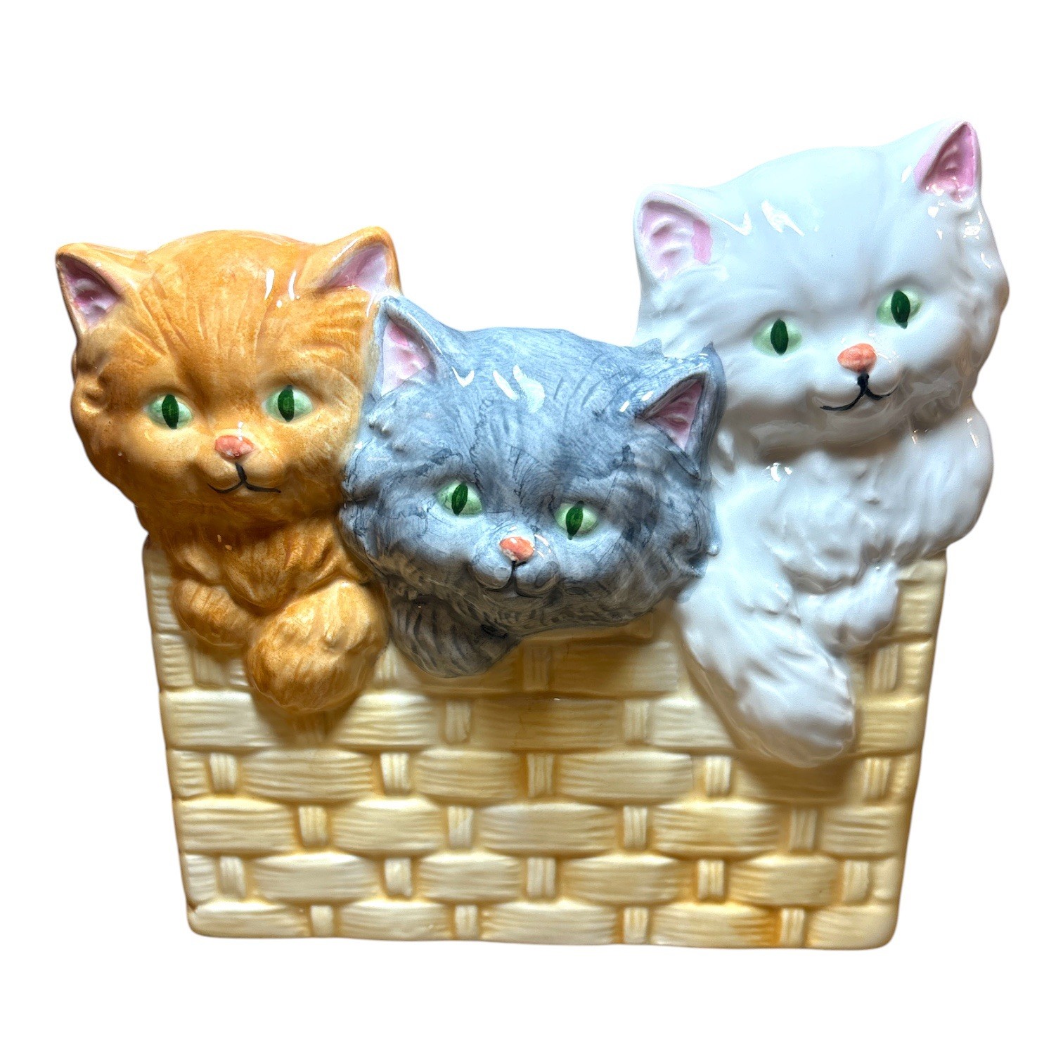 Vintage Kitten Cat Trio Ceramic Vase Planter Napco Orange Gray White Kittens