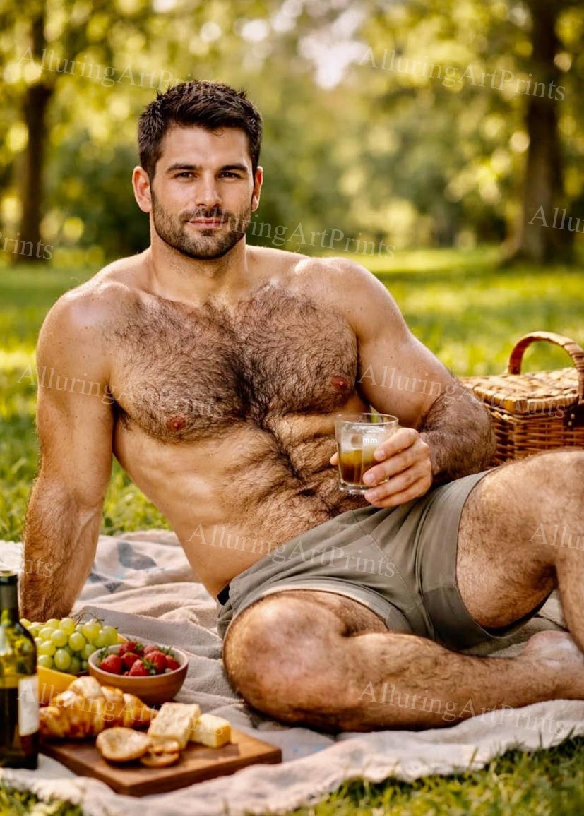 Male Model Photo Print Muscular Handsome Hairy Shirtless Hunk-G125