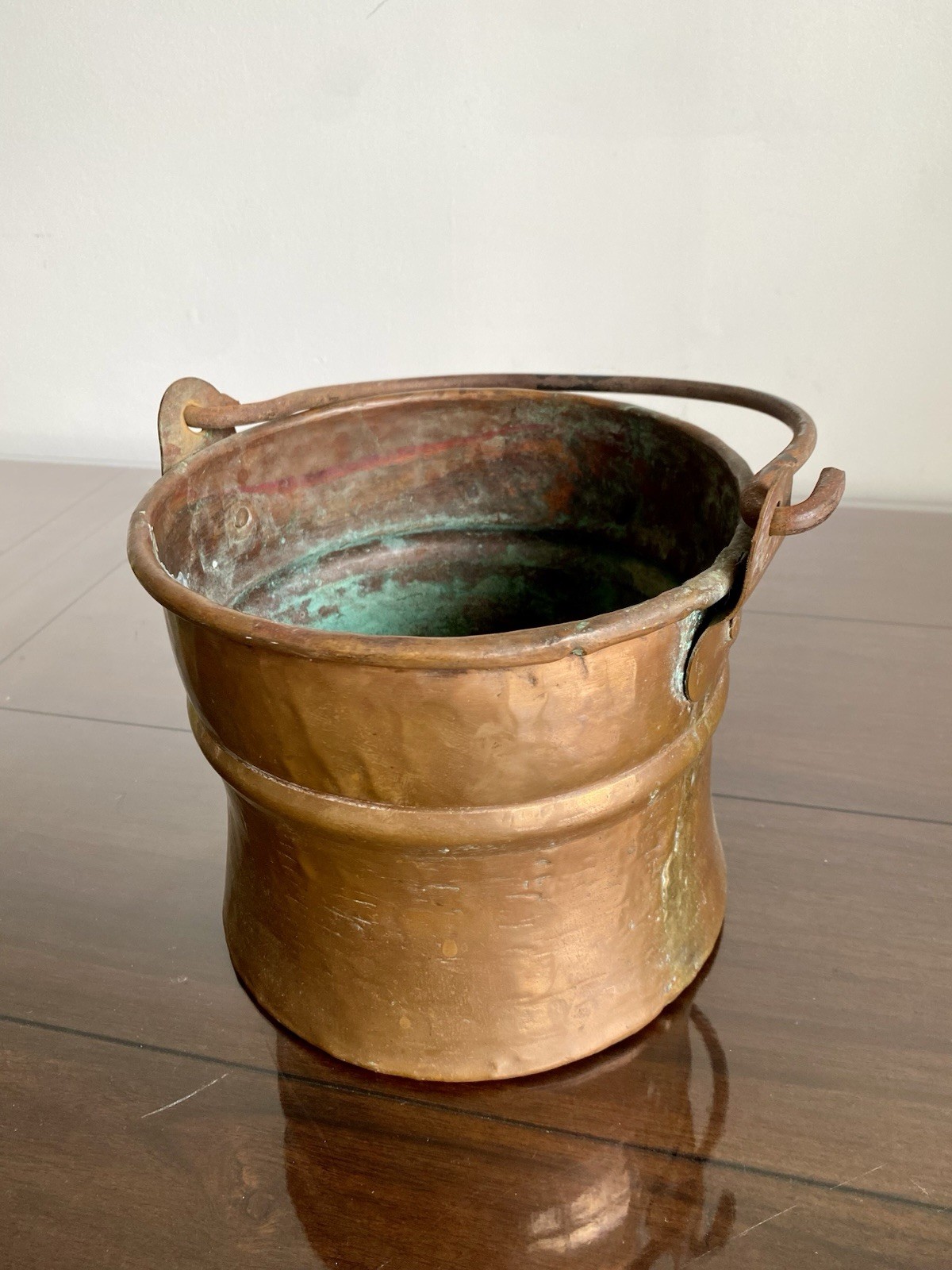 Antique Copper Bucket Pail Dovetail Seam Forged Iron Handle 8