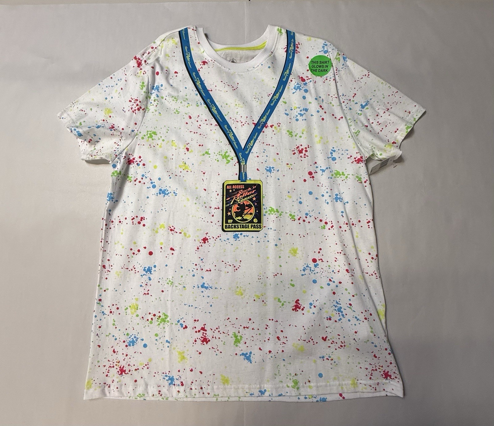BNWT Disney Parks Rock ‘n’ Roller Coaster Glow in Dark Backstage Pass T-Shirt L