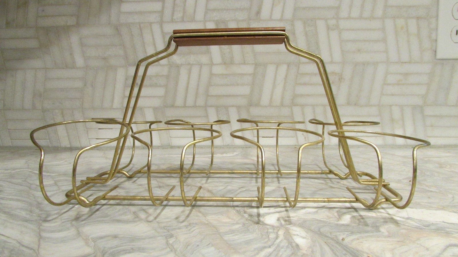Vintage Mcm Mid Century Modern Wood Brass Tone Metal Atomic Glass Carrier Caddy