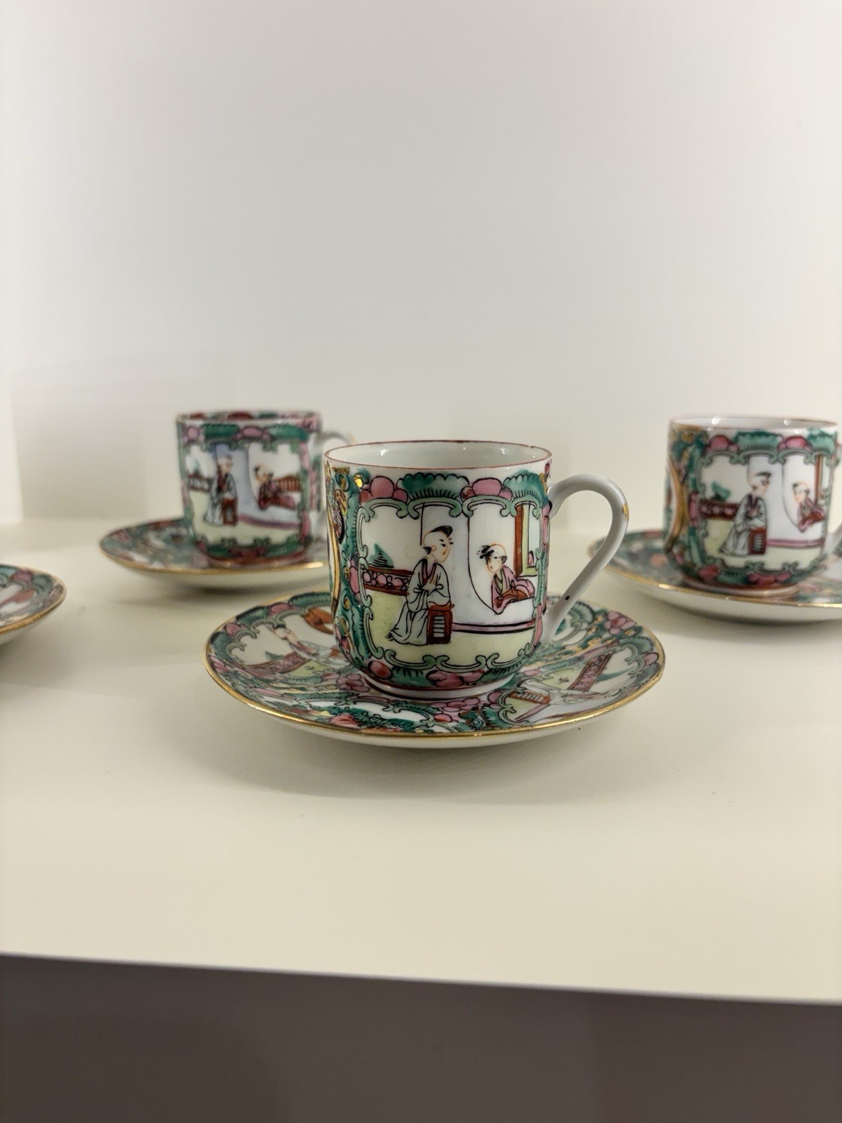Set of 5 Rose Medallion Demitasse Cups and Saucers Vintage