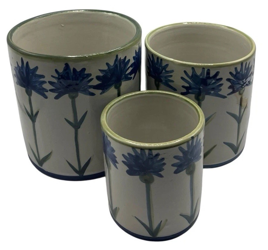 3 Louisville Stoneware Blue Bachelor Button Cornflower Canisters Crocks Kentucky 3 Louisville Stoneware Blue Bachelor Button Cornflower Canisters Crocks Kentucky