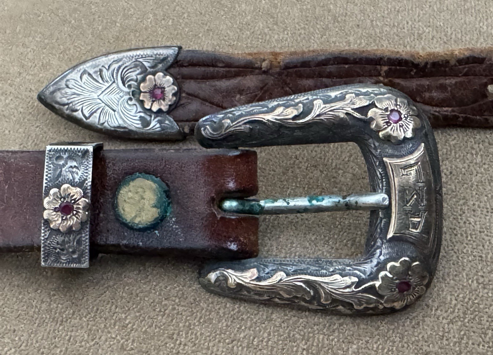 Vintage Antique McCabe SS Sterling Silver Gold Gems 3 Pc Ranger Belt Buckle Set
