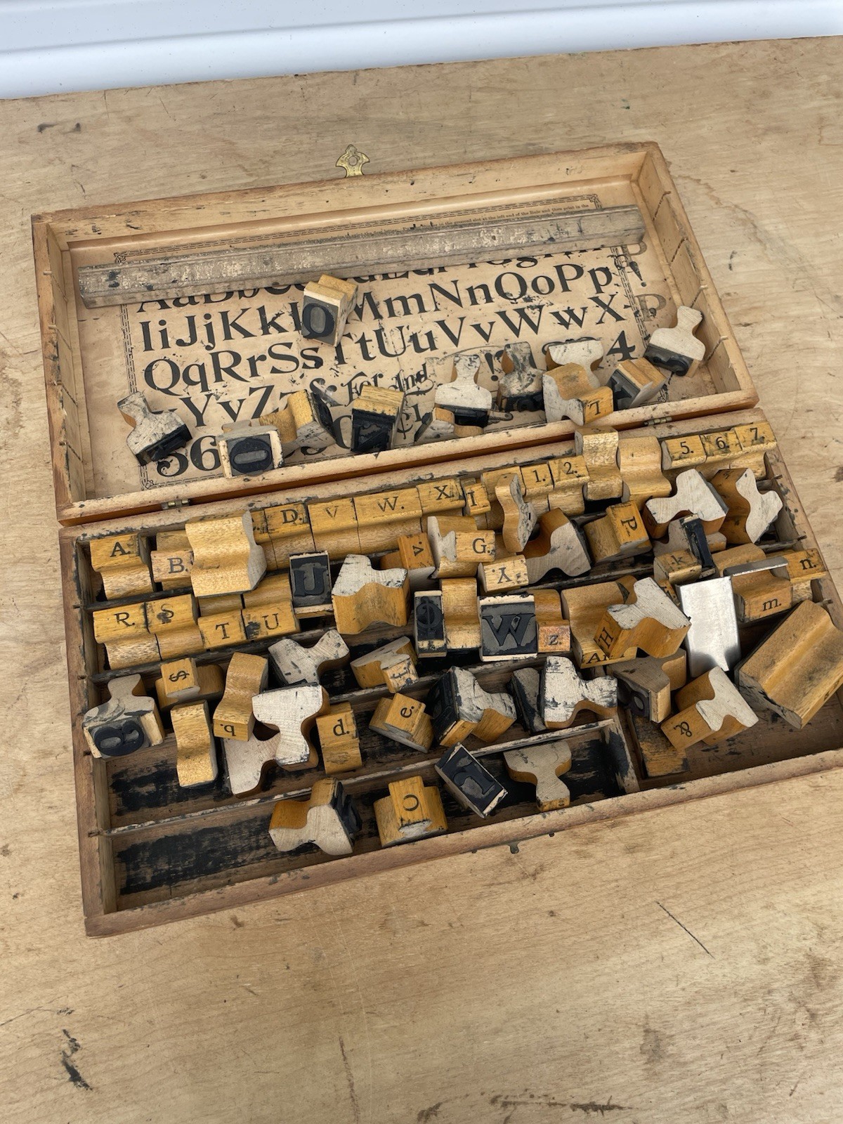 Old Vintage Wood BOX with RUBBER STAMPS Alphabet Letters Numbers PRINT SET