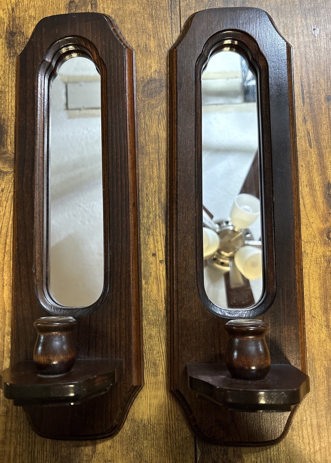 Pair of Vintage Mirror Candle Holder Wood Wall Sconces, Rustic Cottagecore