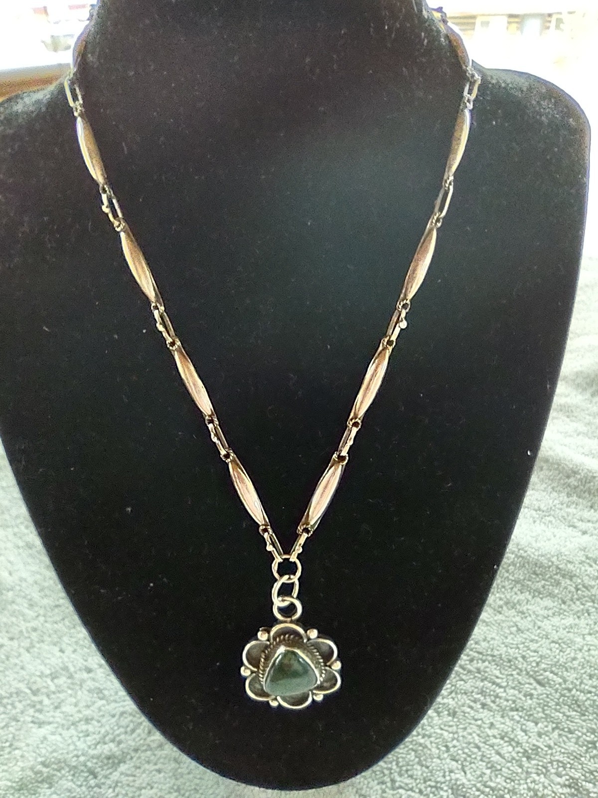 Authentic Navajo Native American .925 Sterling Silver Green Grain-Link Necklace