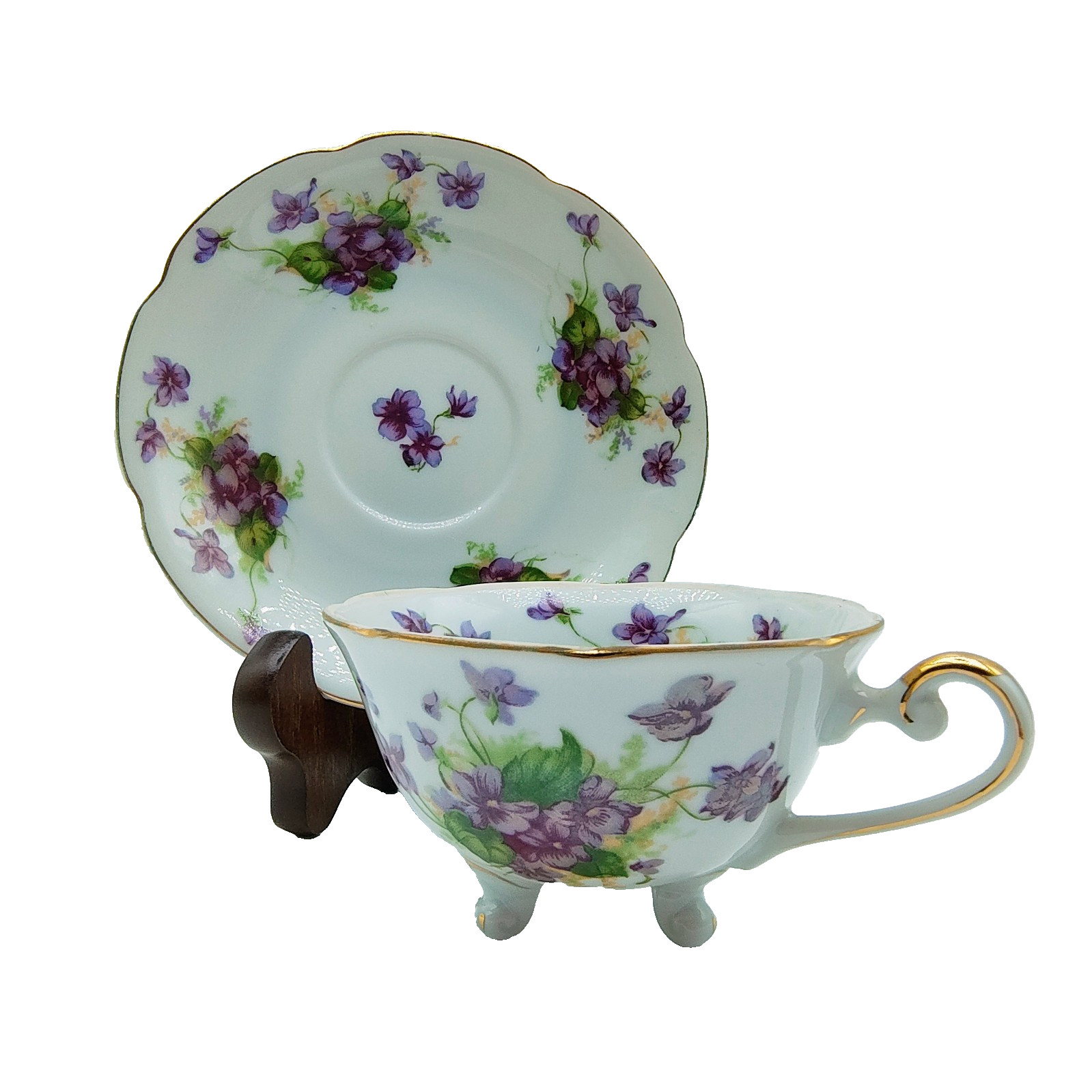 Vintage 1952 Lefton Elegant Violet Footed Teacup & Saucer Floral Hand Painted