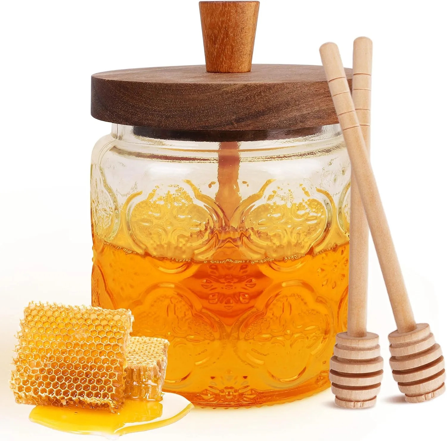 18oz Vintage Glass Honey Pot With Dipper And Lid Kitchen Storage Jar Set Clear