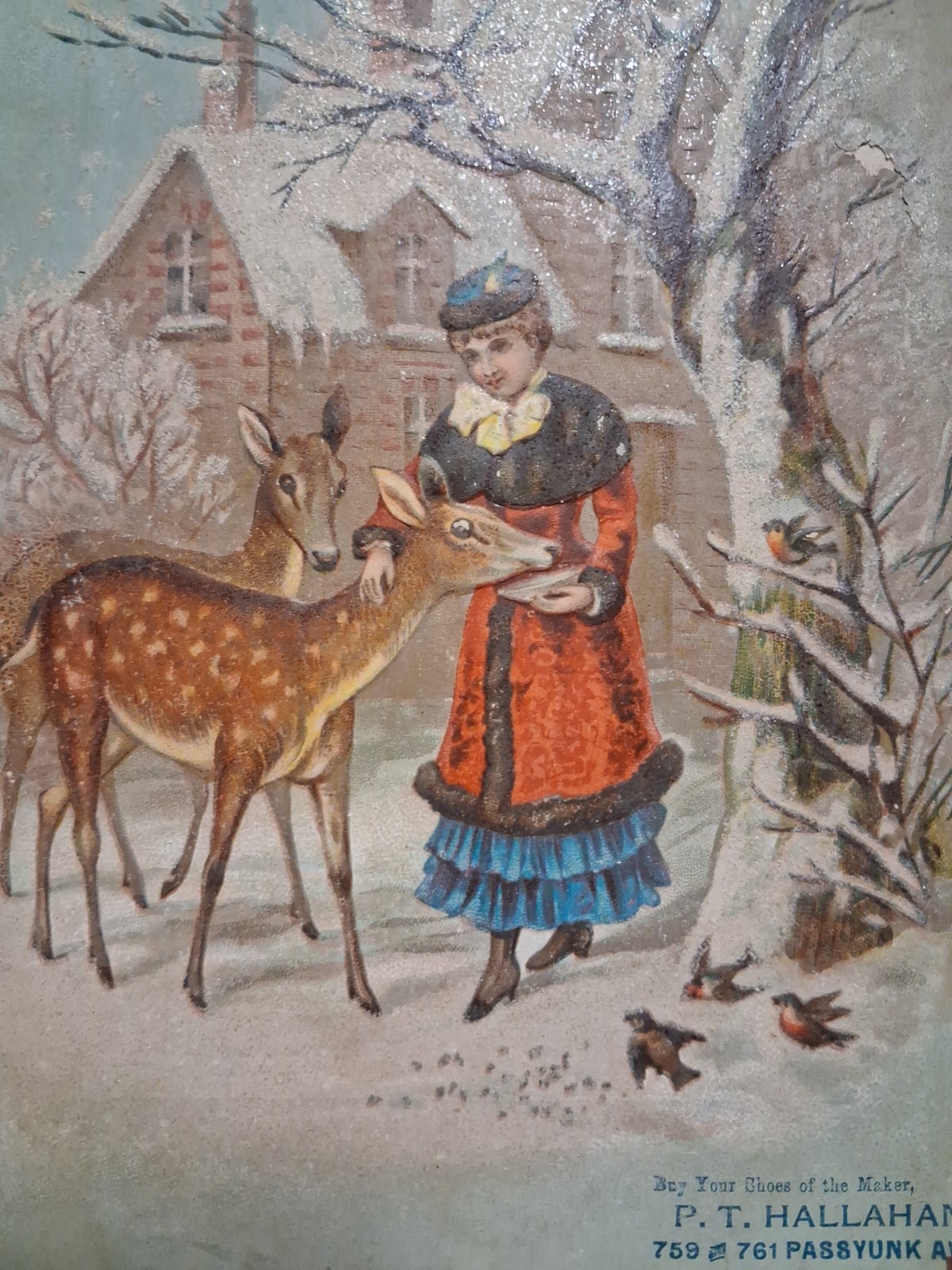 1870s-80s PT HALLAHAN Philadelphia Pa DEER fawn GIRL Victorian print 6x8