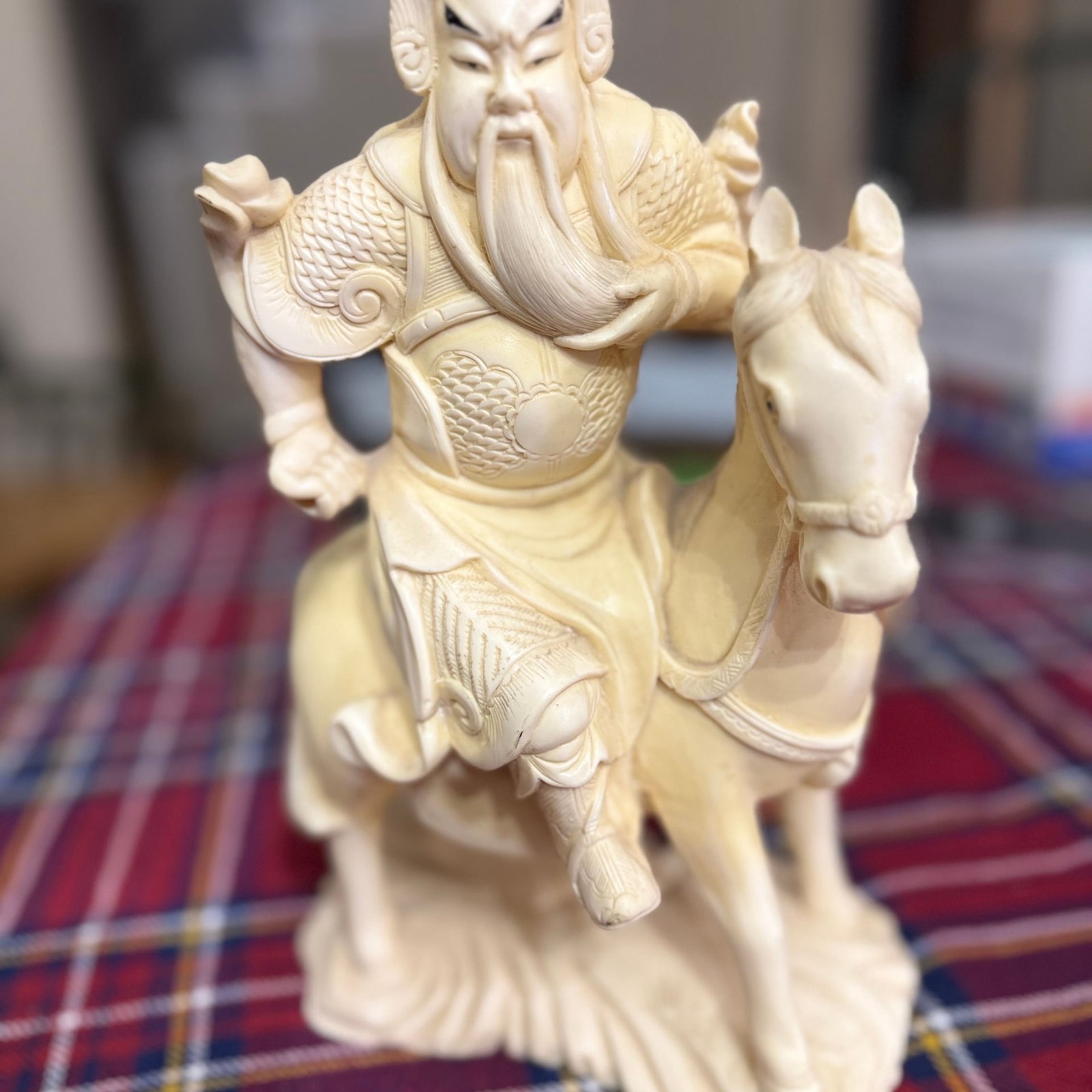 Vintage Mid-Century Faux Ivory Resin Statue of Chinese Warrior Guan Yu on