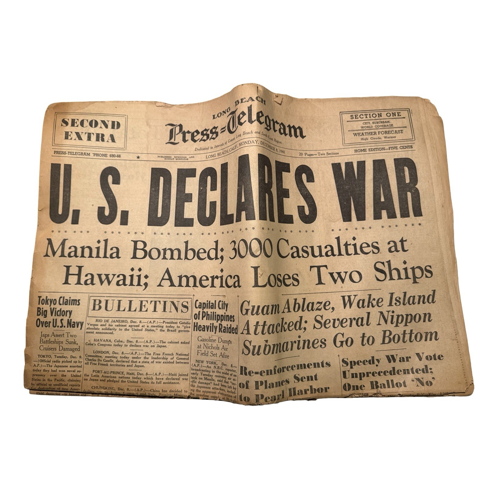 Antique 1941 WWII Long Beach Press Telegram Pearl Harbor Newspaper Declares War