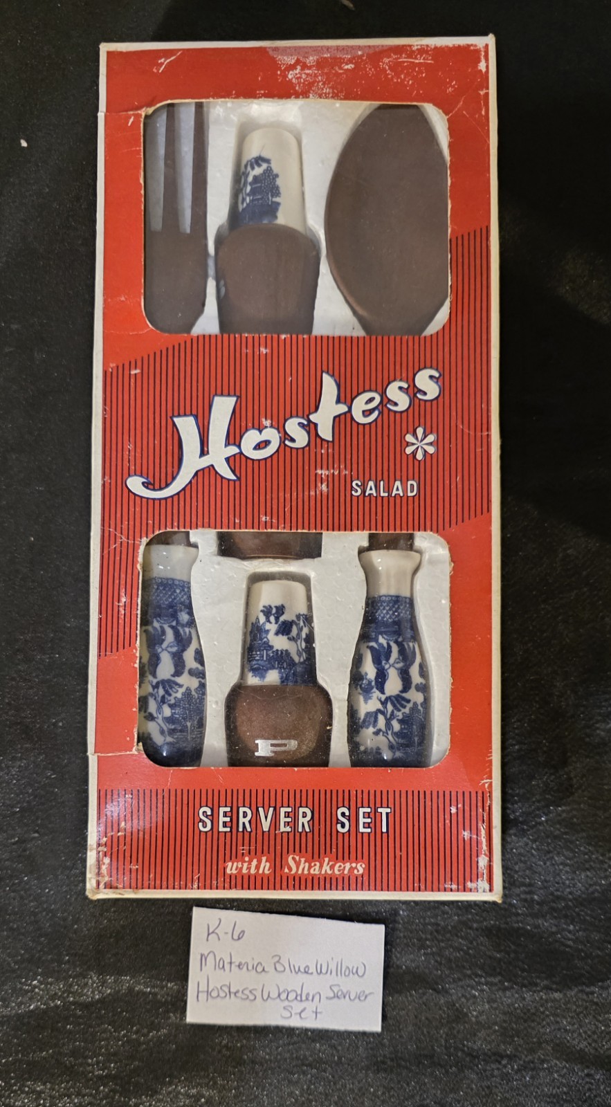 Vintage Materia Blue Willow Hostess Wooden Server Set With Shakers in box